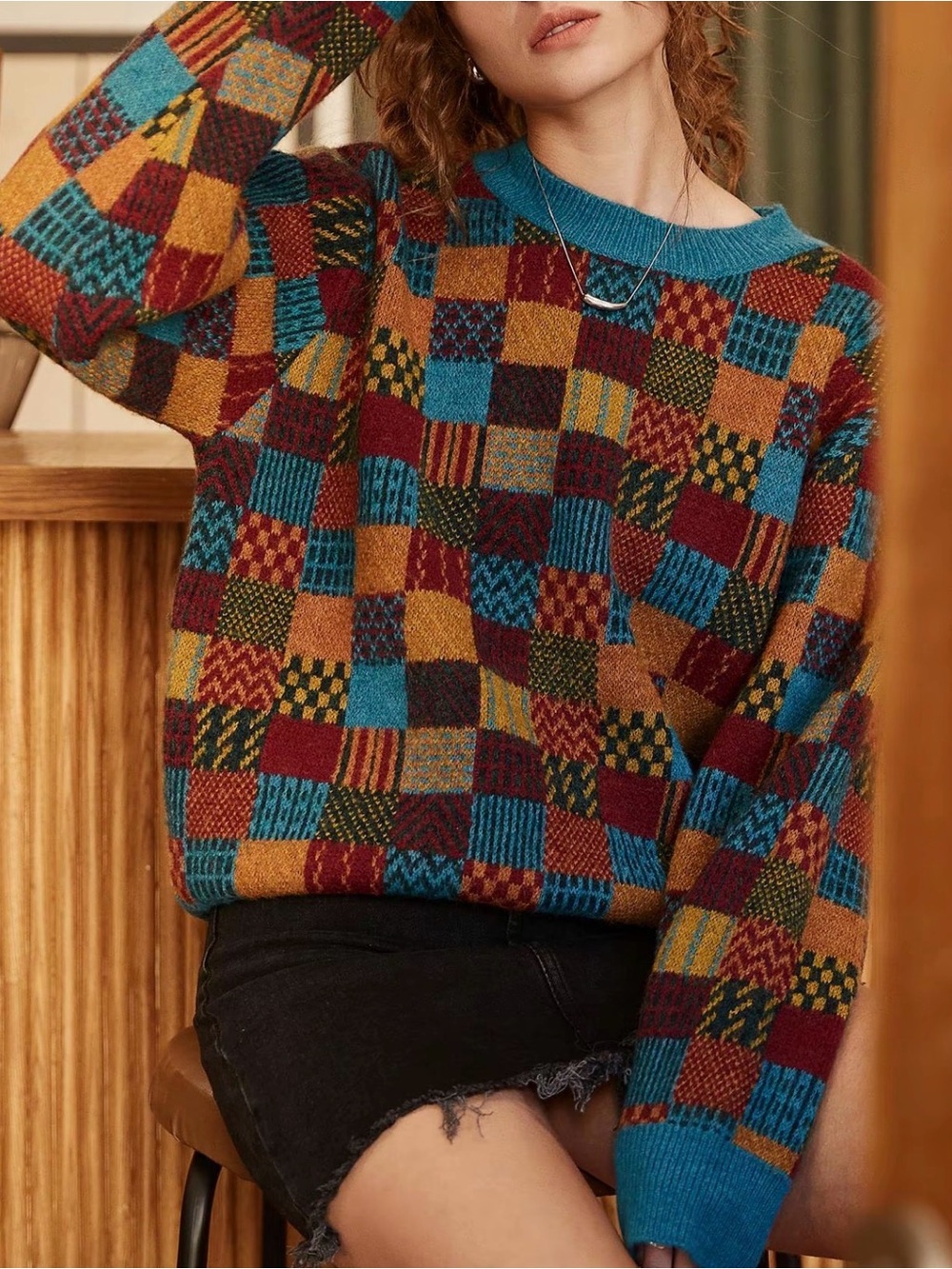 Checkered Crewneck Colorblock Vintage 90s oversized Sweater Patchwork Jumper NEW